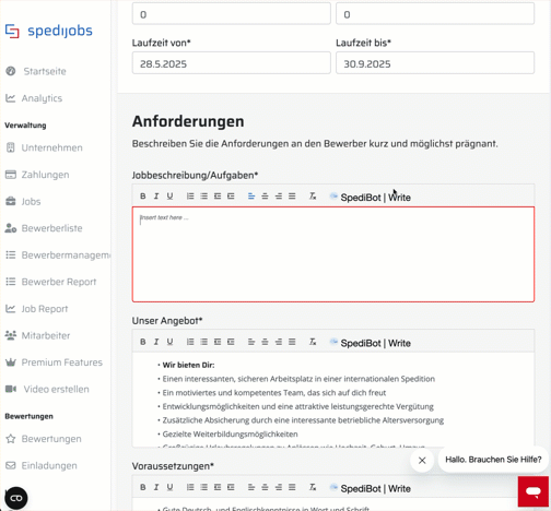 SpediBot | Write Demo – Funktionsübersicht